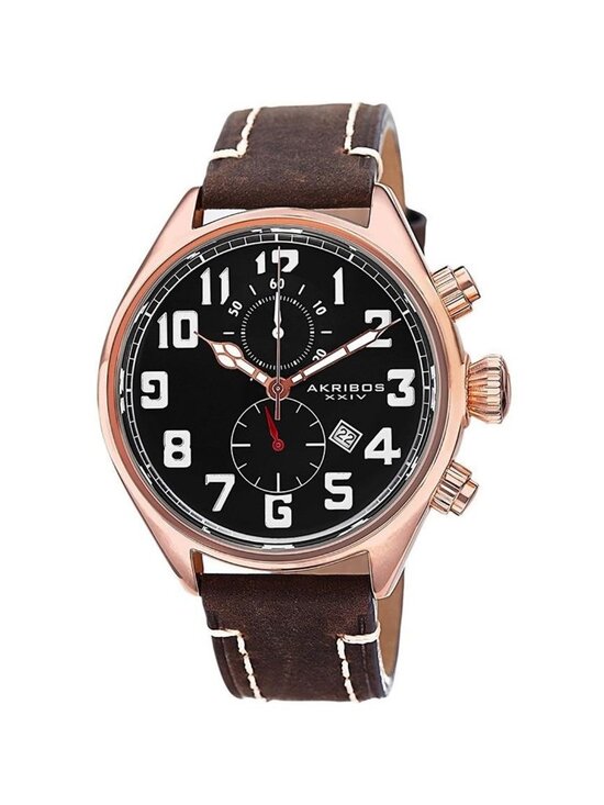 NWT Akribos XXIV Essential Chronograph Black Dial Brown Leather Men\'s Watch